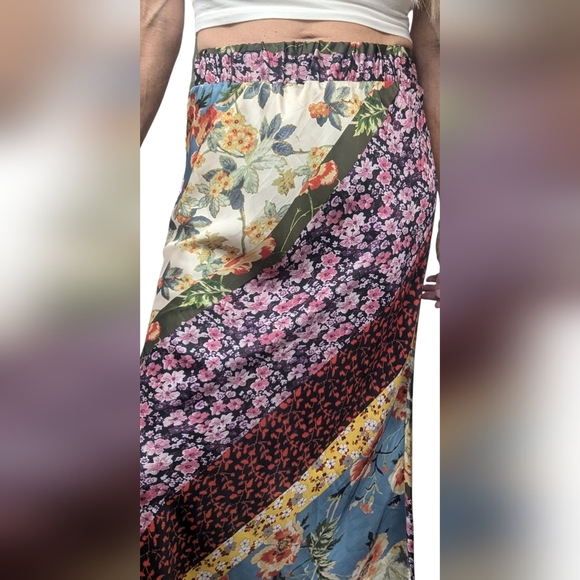 Cliché Floral Patchwork Pattern Straight Multicolor Maxi Satin Skirt Size XS - Picture 8 of 11